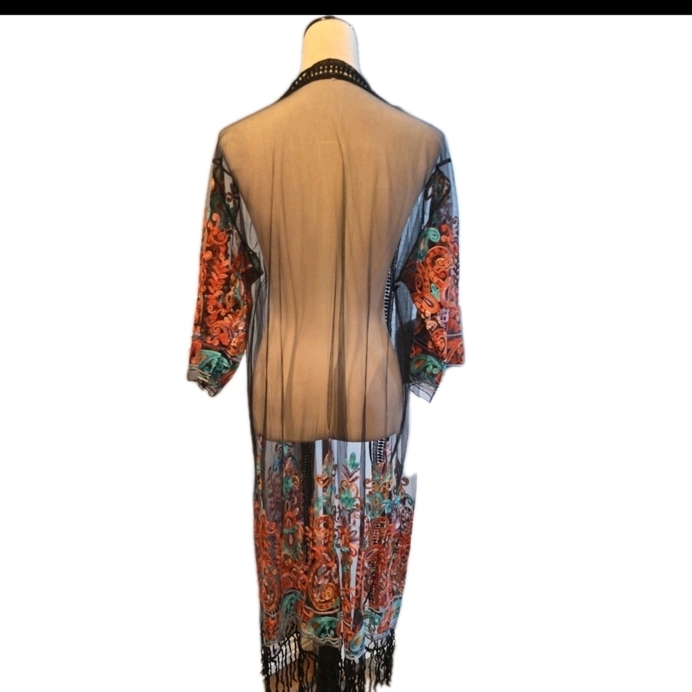 208 Sheer Black Floral Embordered and Multicolor Kimono - Picture 3 of 6